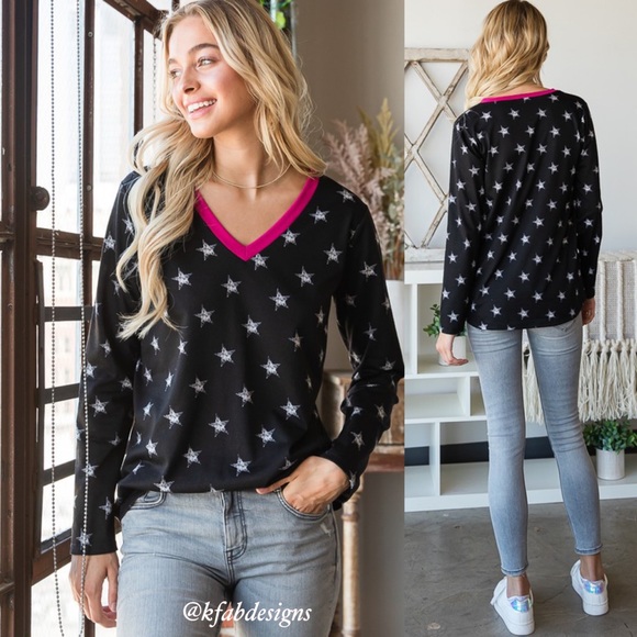 ❤️LAST 1! So Soft! V Neck Hot Pink Contrast Soft Faded Star Top! - Picture 10 of 12